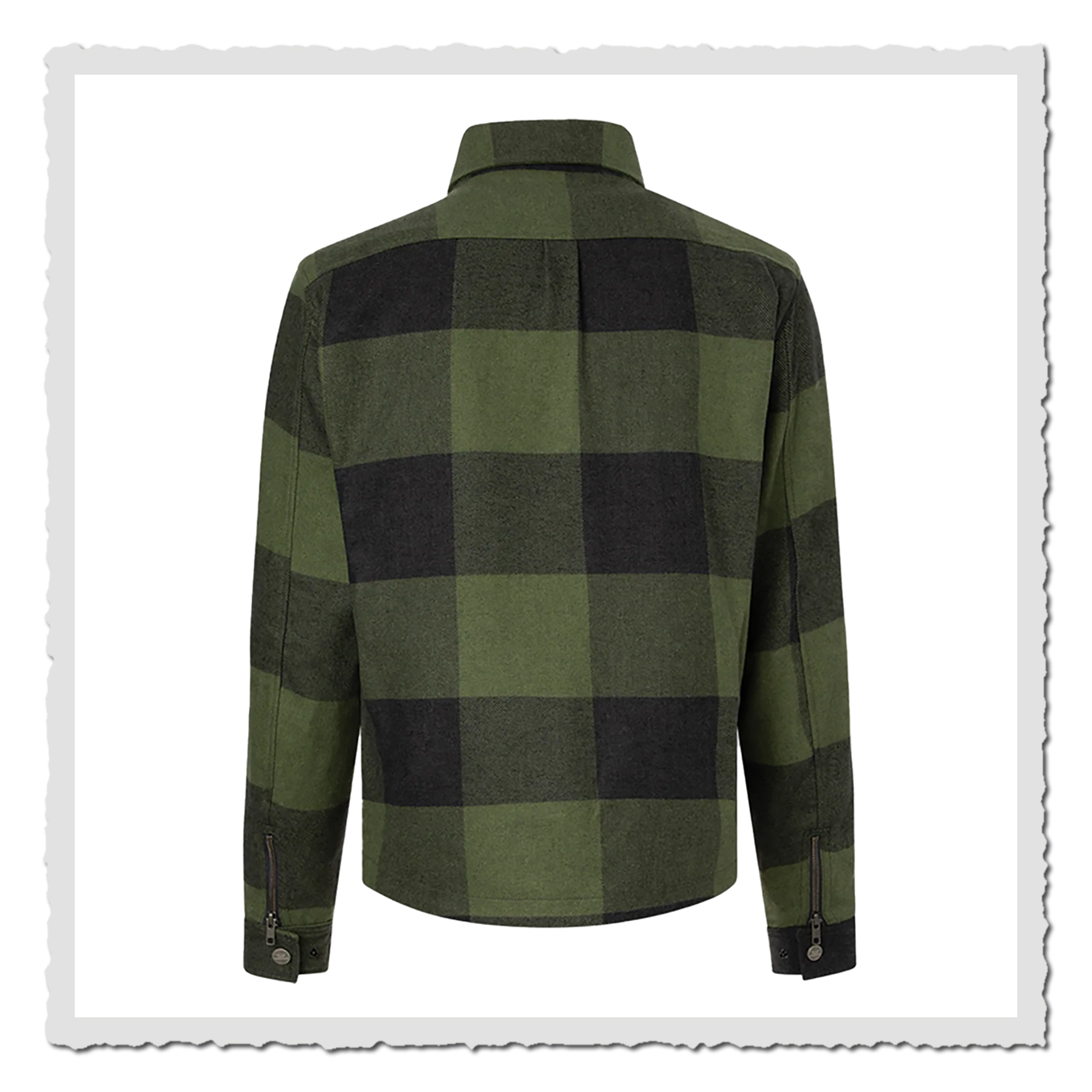 Grün-schwarz kariertes Rider Shirt hinten, freigestellt auf weißem Hintergrund, Kragen und Ärmelabschlüsse sichtbar.